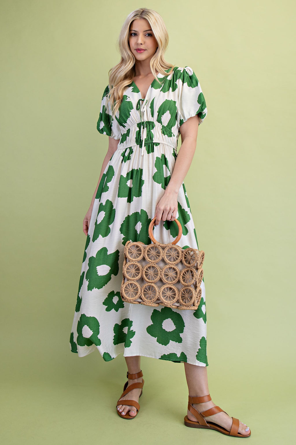 Meryl Green Floral V-Neck Midi Dress