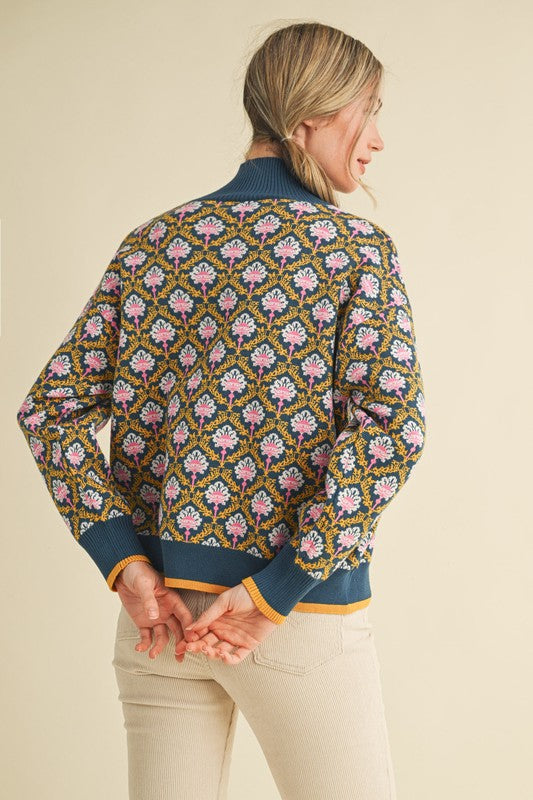 Peacock Floral Mock Neck Half Zip Pullover Sweater by &Merci