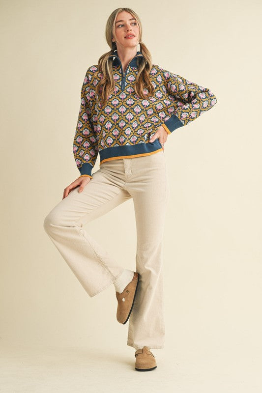 Peacock Floral Mock Neck Half Zip Pullover Sweater by &Merci
