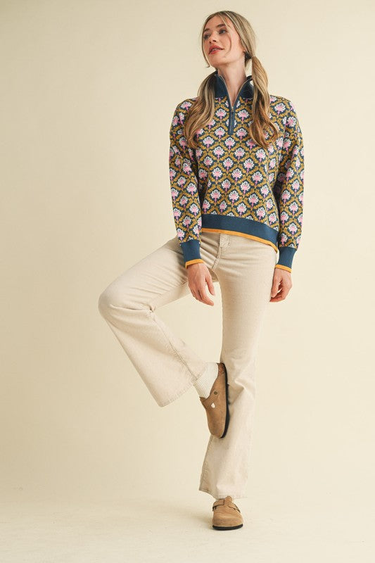 Peacock Floral Mock Neck Half Zip Pullover Sweater by &Merci