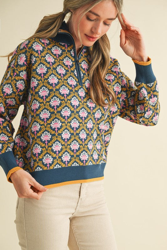 Peacock Floral Mock Neck Half Zip Pullover Sweater by &Merci