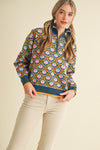 Peacock Floral Mock Neck Half Zip Pullover Sweater by &Merci