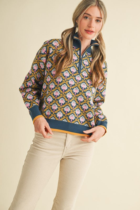 Peacock Floral Mock Neck Half Zip Pullover Sweater by &Merci
