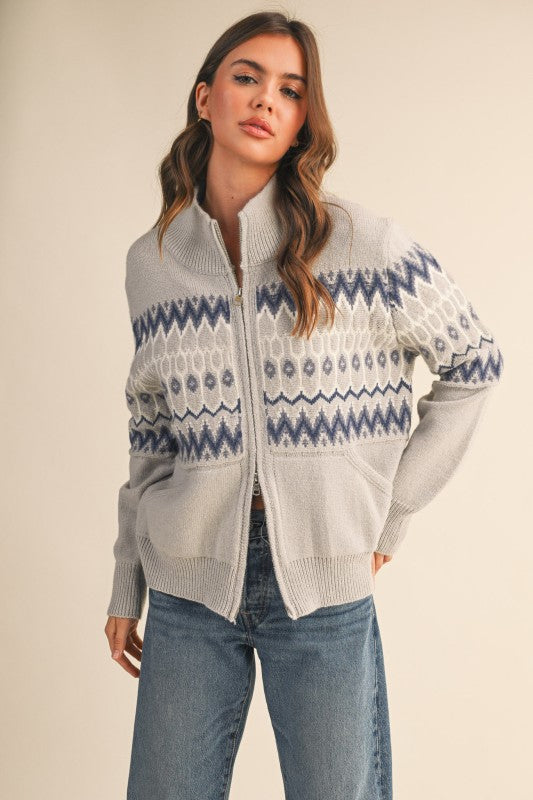 Fair Isle Zip Up Sweater Cardigan