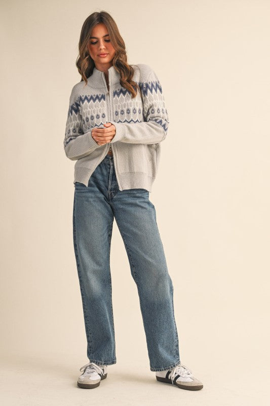 Fair Isle Zip Up Sweater Cardigan