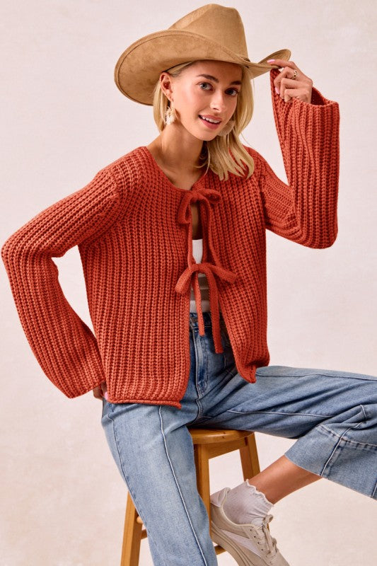 Holly Loose Gauge Knit Sweater With Bow Tie Closure