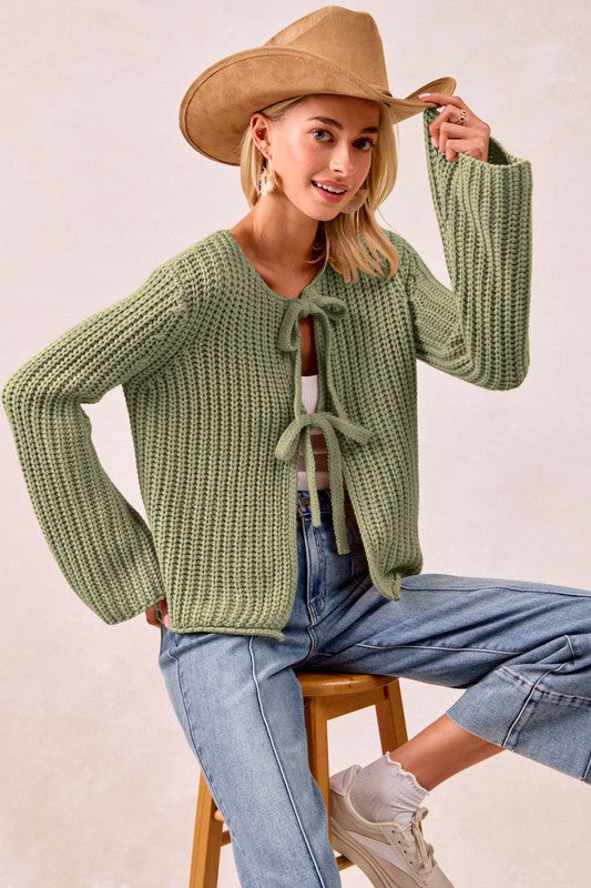 Holly Loose Gauge Knit Sweater With Bow Tie Closure in Light Olive