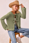 Holly Loose Gauge Knit Sweater With Bow Tie Closure in Light Olive