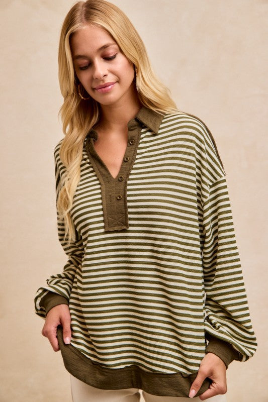 Jaren Slub Knit and Stripes Collared Top