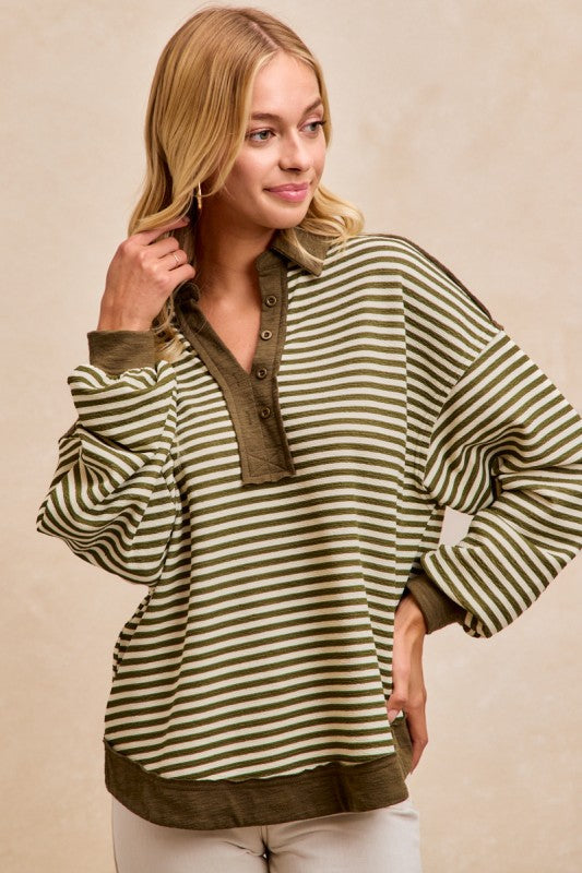 Jaren Slub Knit and Stripes Collared Top