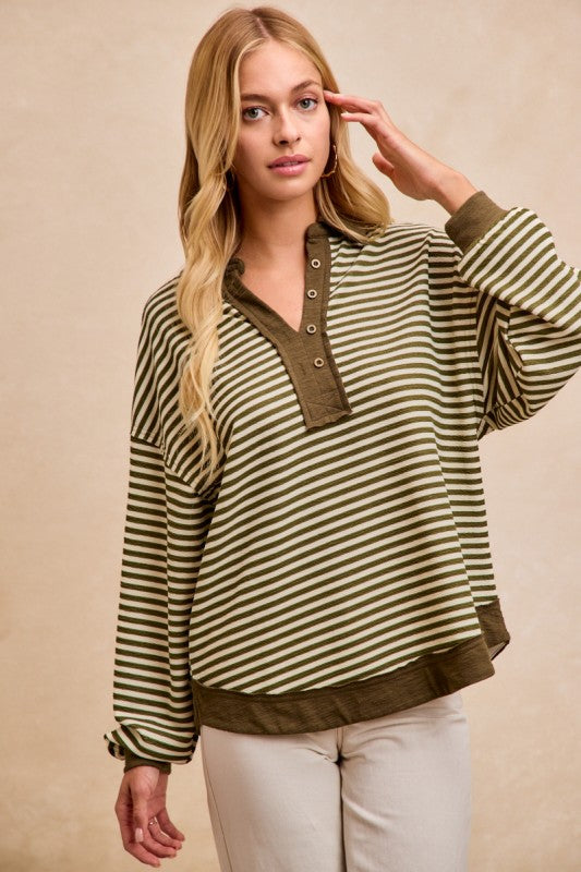 Jaren Slub Knit and Stripes Collared Top