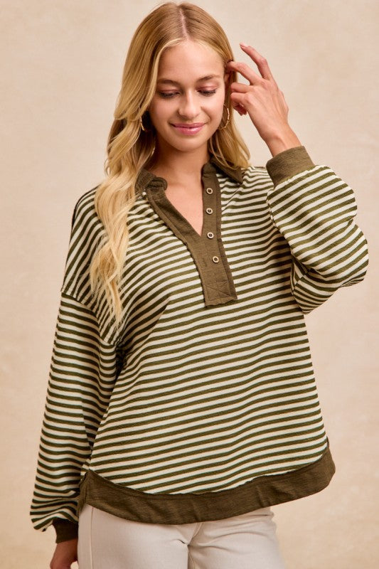 Jaren Slub Knit and Stripes Collared Top