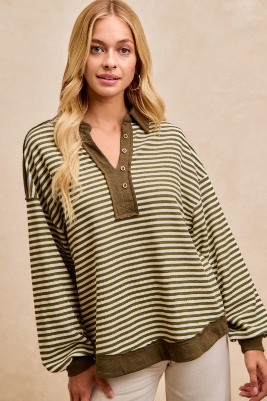 Jaren Slub Knit and Stripes Collared Top