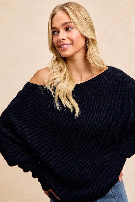 Camila Waffle Knit Off Shoulder Top in Black