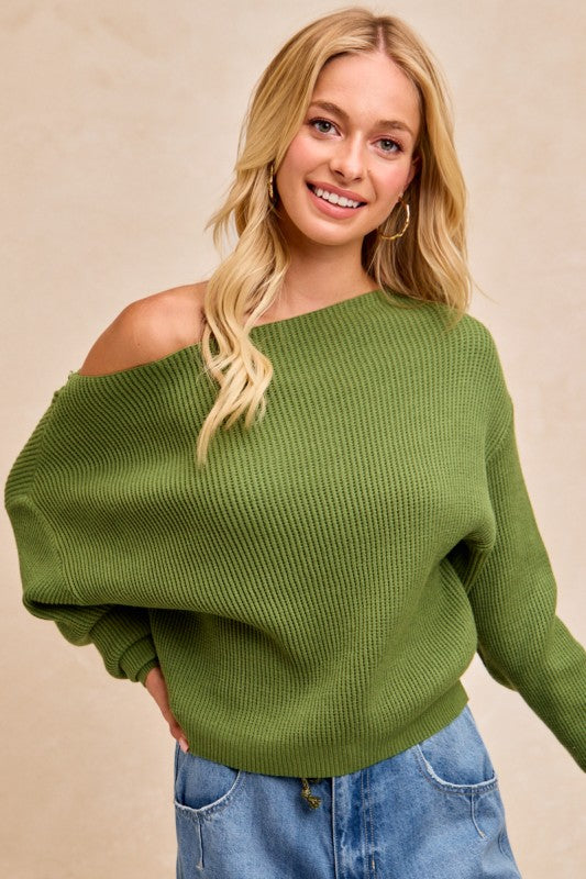 Camila Waffle Knit Off Shoulder Top in Olive