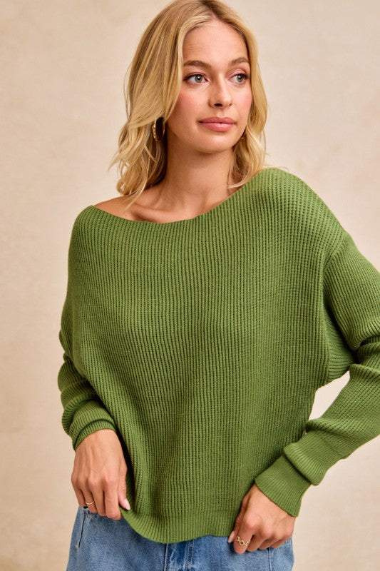 Camila Waffle Knit Off Shoulder Top in Olive