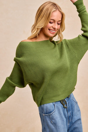 Camila Waffle Knit Off Shoulder Top in Olive