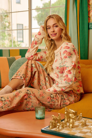 Susie Floral Print Washed Waffle Thermal Top With Thumb Holes