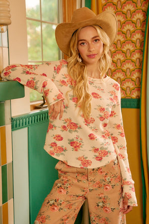 Susie Floral Print Washed Waffle Thermal Top With Thumb Holes