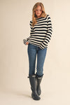 Nala Striped Puff Sleeve Cotton Sweater With Contrast Stitch in Black and White