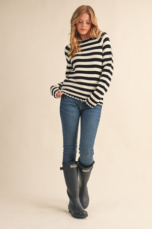 Nala Striped Puff Sleeve Cotton Sweater With Contrast Stitch in Black and White