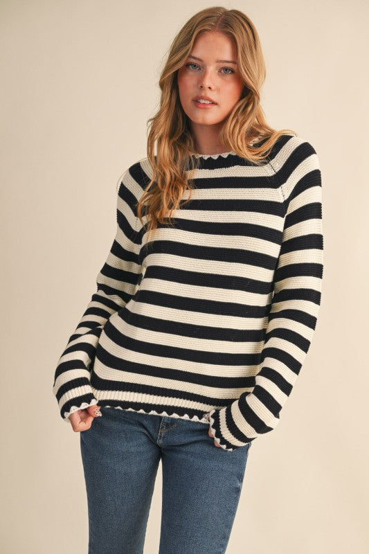 Nala Striped Puff Sleeve Cotton Sweater With Contrast Stitch in Black and White
