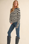 Nala Striped Puff Sleeve Cotton Sweater With Contrast Stitch in Black and White