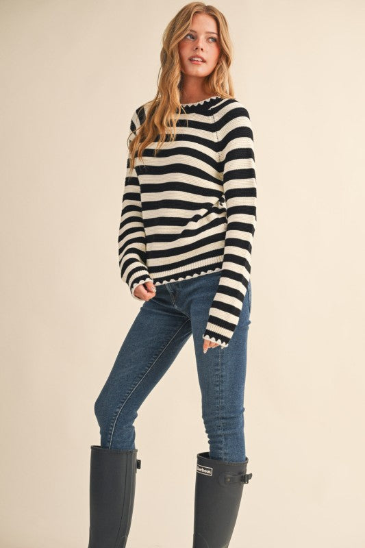Nala Striped Puff Sleeve Cotton Sweater With Contrast Stitch in Black and White