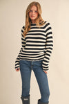 Nala Striped Puff Sleeve Cotton Sweater With Contrast Stitch in Black and White