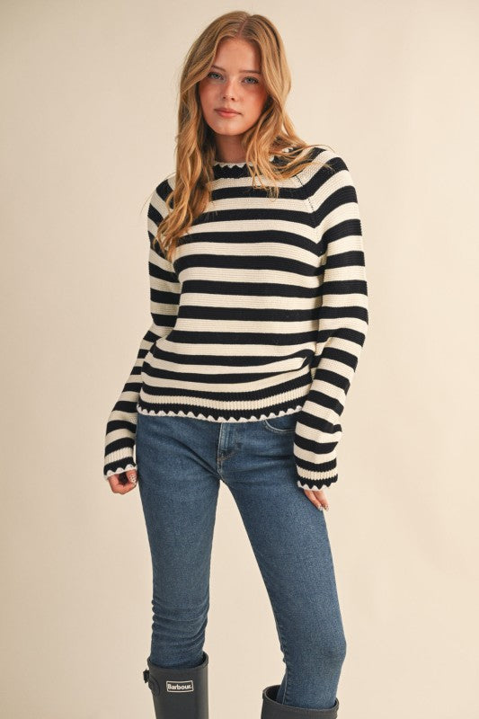 Nala Striped Puff Sleeve Cotton Sweater With Contrast Stitch in Black and White