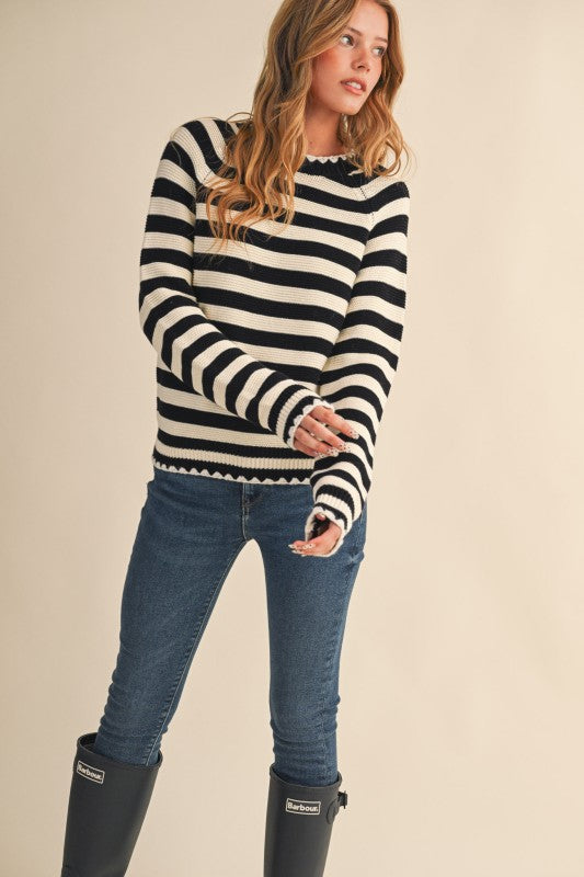 Nala Striped Puff Sleeve Cotton Sweater With Contrast Stitch in Black and White