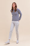 Nala Striped Puff Sleeve Cotton Sweater With Contrast Stitch in Cobalt Blue Stripe