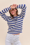 Nala Striped Puff Sleeve Cotton Sweater With Contrast Stitch in Cobalt Blue Stripe