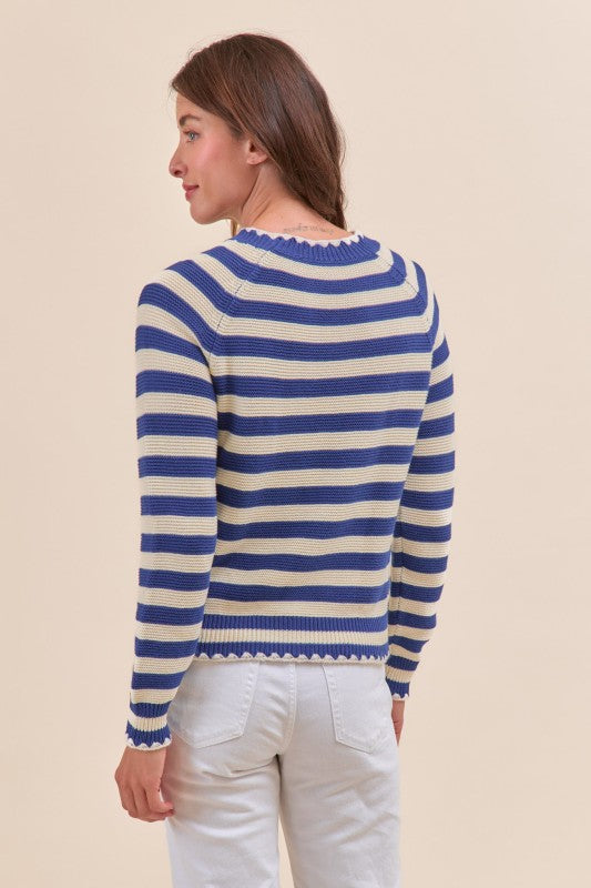 Nala Striped Puff Sleeve Cotton Sweater With Contrast Stitch in Cobalt Blue Stripe