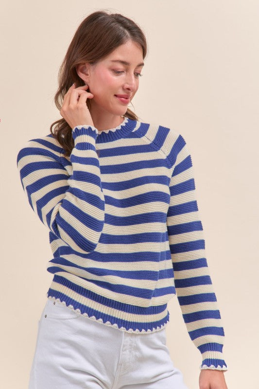 Nala Striped Puff Sleeve Cotton Sweater With Contrast Stitch in Cobalt Blue Stripe