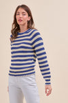 Nala Striped Puff Sleeve Cotton Sweater With Contrast Stitch in Cobalt Blue Stripe