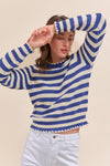 Nala Striped Puff Sleeve Cotton Sweater With Contrast Stitch in Cobalt Blue Stripe