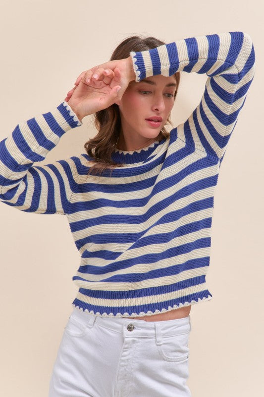 Nala Striped Puff Sleeve Cotton Sweater With Contrast Stitch in Cobalt Blue Stripe