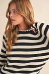 Nala Striped Puff Sleeve Cotton Sweater With Contrast Stitch in Black and White