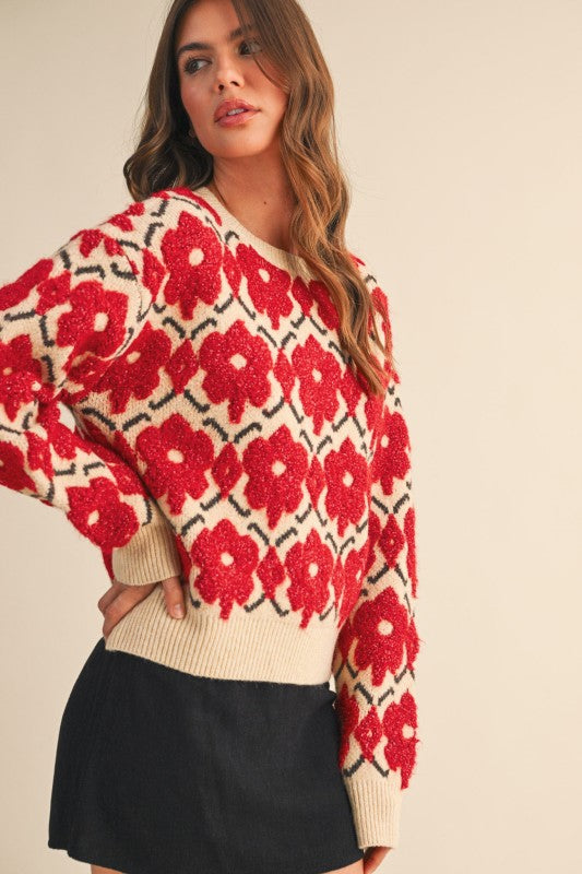 Fuzzy Red Floral Sweater by &Merci