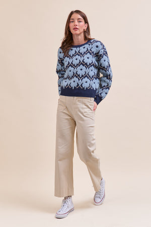 Fuzzy Texture Floral Sweater in Blue
