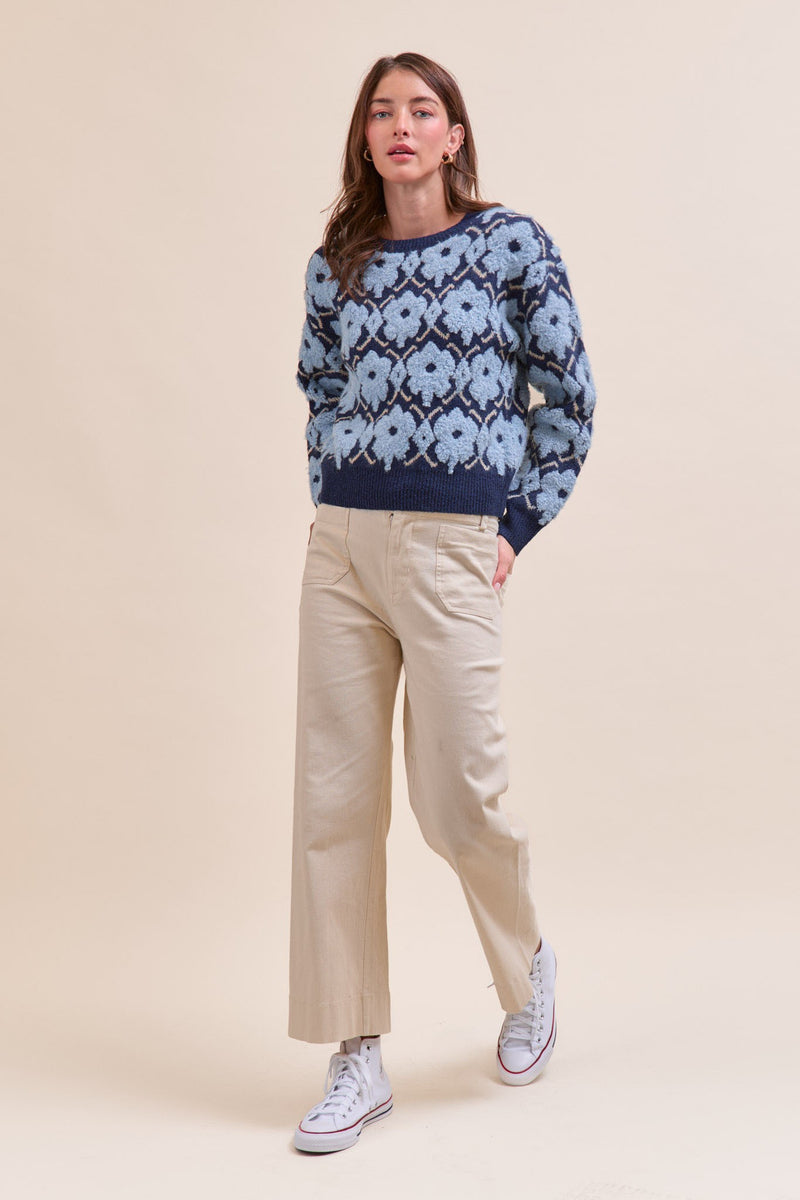 Fuzzy Texture Floral Sweater in Blue