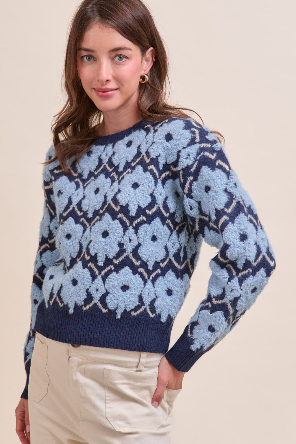 Fuzzy Texture Floral Sweater in Blue