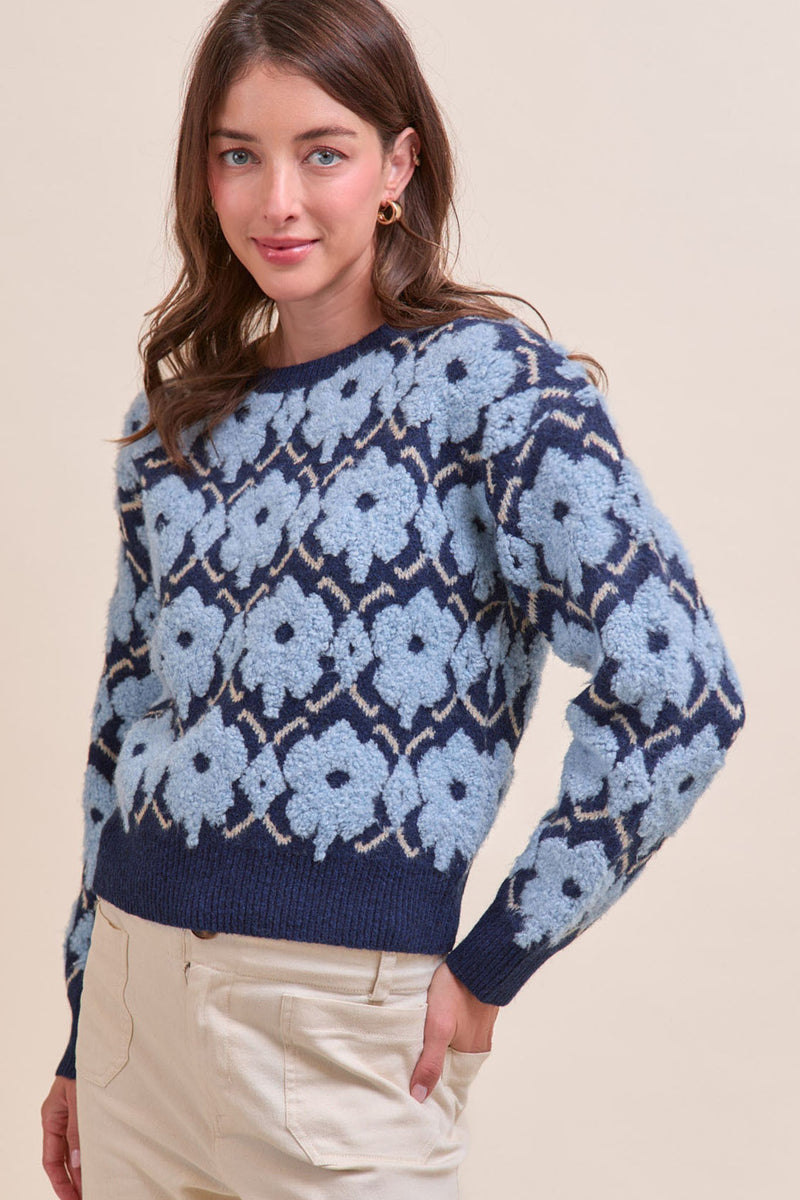 Fuzzy Texture Floral Sweater in Blue