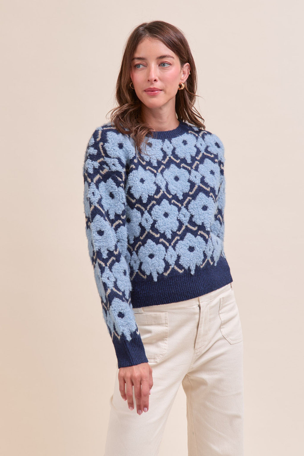 Fuzzy Texture Floral Sweater in Blue