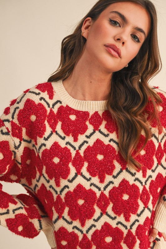 Fuzzy Red Floral Sweater by &Merci