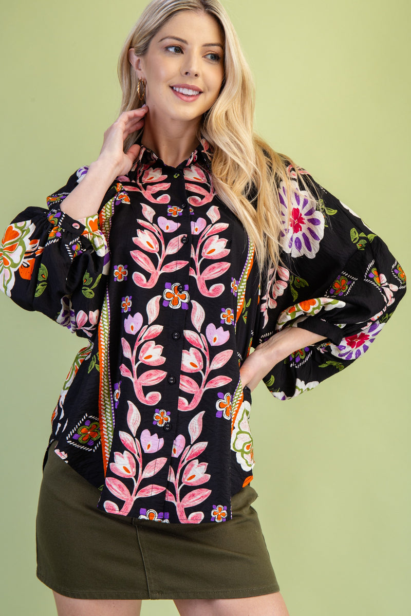 Mertle Floral Print Loose Fit Button Down Shirt