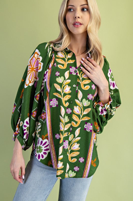 Mertle Floral Print Loose Fit Button Down Shirt in Green Floral