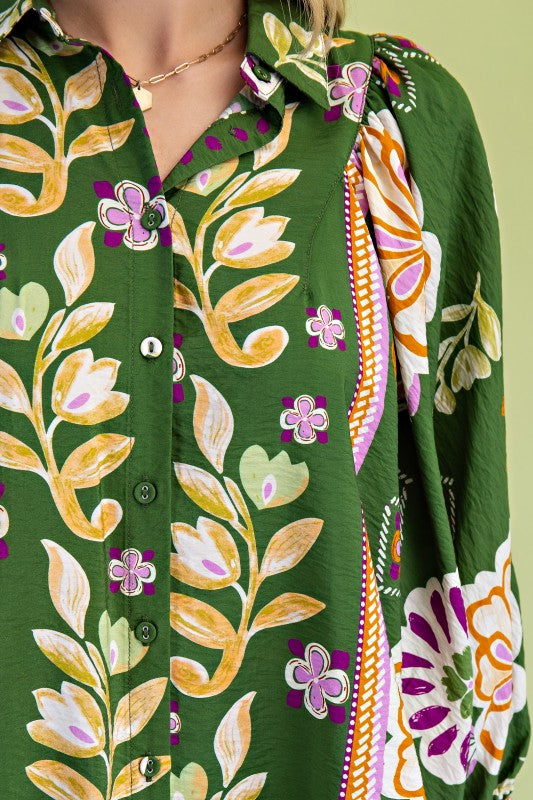 Mertle Floral Print Loose Fit Button Down Shirt in Green Floral