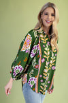 Mertle Floral Print Loose Fit Button Down Shirt in Green Floral